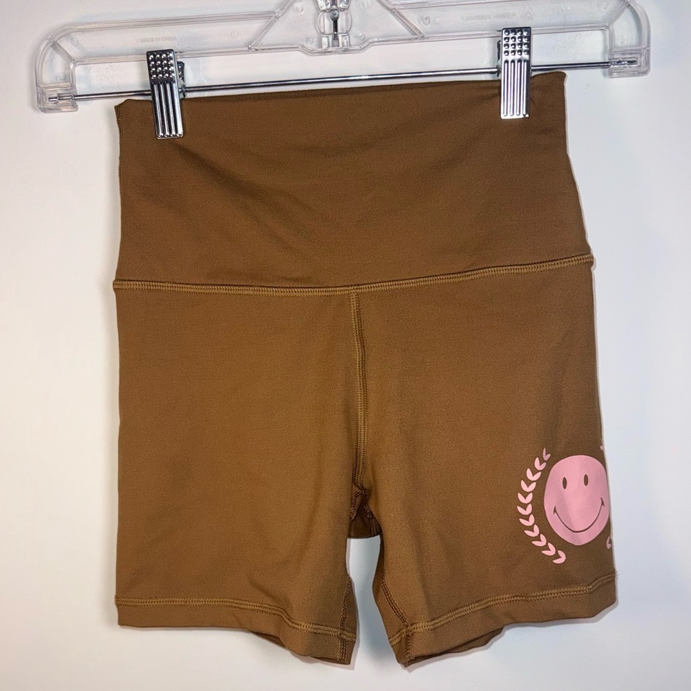 Offline by Aerie Brown Bike Shorts with Pink Smiley Size Small